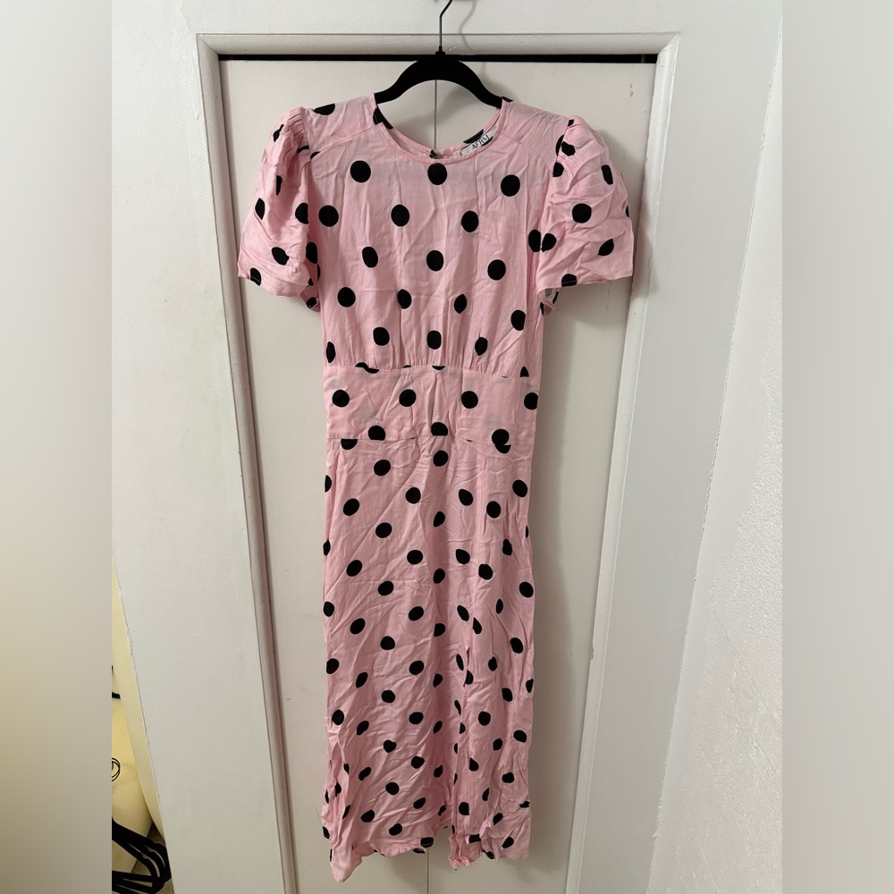 NWOT AFRM Pink and Black Polka Dot Cutout Midi Dress - SZ Small